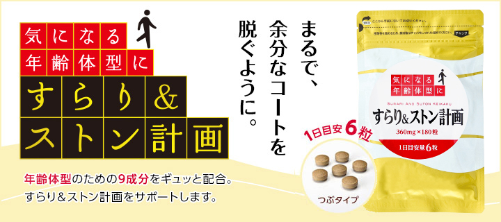 気になる年齢体型にすらり&ストン計画 まるで余分なコートを脱ぐように。年齢体型のための9成分をギュッと配分。すらり&ストン計画をサポートします。2015年6月15日新発売!1日目安6粒 つぶタイプ